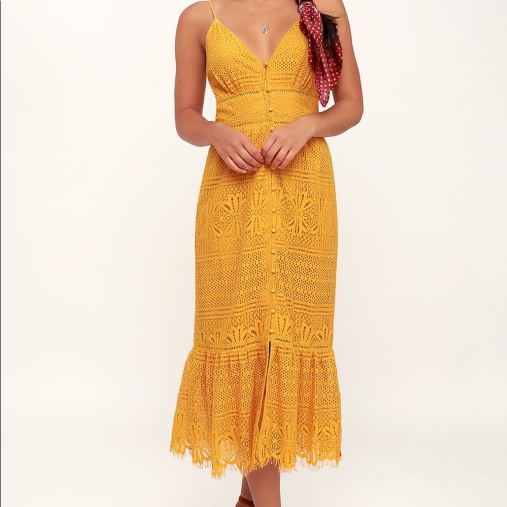 Robyn Mustard Yellow Lace Button-Up Midi Dress
